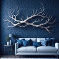 Modern Realistic Living Room Interior Design, Cozy Sofa Front Of Wall With Art Handmade Wood Branch Decorative Piece Panel,