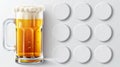 Modern realistic mockup of a beer glass mug with foam and empty cardboard mats in stack and top view. Royalty Free Stock Photo