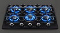 Modern realistic set of burning propane butane in oven for cooking top view isolated on transparent background. Blue