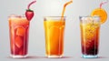 A modern realistic set of cold drinks in glass cups, strawberry cocktail, soda with ice, and fruit juice is shown in top Royalty Free Stock Photo