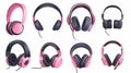 Modern realistic set of 3d black pink stereo earphones, accessory with sound speakers in front view. Modern realistic