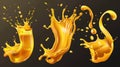 Modern realistic set of liquid waves of falling and flowing beer, orange, mango, lemon juice, oil, soda, honey, or juice Royalty Free Stock Photo