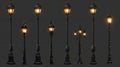 Modern realistic set of old electric street lights, retro iron lamposts with sphere shades for road sidewalks, city and Royalty Free Stock Photo