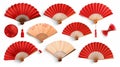 Modern realistic set of open and closed red Japanese fans, traditional asian or spanish folding souvenirs with tassels Royalty Free Stock Photo