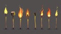 Modern realistic set of wood rods with yellow flame isolated on gray background. Whole, ignited, and burnt wooden Royalty Free Stock Photo