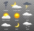 Modern Realistic weather icons set. Meteorology symbols on transparent background. Color Vector illustration for mobile Royalty Free Stock Photo