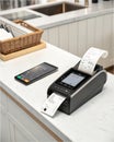 Modern receipt printer and smartphone payment system on countertop Royalty Free Stock Photo