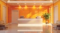 Modern reception area with bright orange walls and sleek furniture. Contemporary office lobby with a welcoming feel