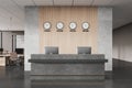 Modern reception area with clocks displaying different time zones. 3D Rendering