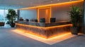 modern office reception desk with warm orange ambient lighting and sleek marble finish in a spacious lobby area Royalty Free Stock Photo