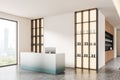 Modern reception area with product display shelves and large window. 3D Rendering