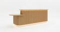 A modern wooden reception desk with vertical slats and integrated LED lighting on a white background Royalty Free Stock Photo