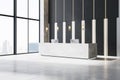 Modern reception desk in an empty office lobby with large windows. 3D Rendering
