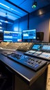 Modern recording studio with mixing console, computer monitors, and sound equipment. Royalty Free Stock Photo