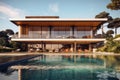 Modern rectangular multi-storey villa with swimming pool. Ai generative Royalty Free Stock Photo