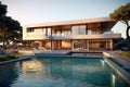 Modern rectangular multi-storey villa with swimming pool. Ai generative Royalty Free Stock Photo