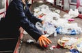 At modern recycling plant. Separate garbage collection. Workers sorting trash Royalty Free Stock Photo