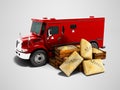 Modern red armored truck for carrying money in bags 3d render on Royalty Free Stock Photo