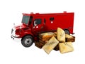 Modern red armored truck for carrying money in bags 3d render on white background no shadow