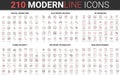 210 modern red black thin line icons set of cyber security, network technology, web development, digital marketing