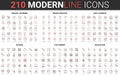 210 modern red black thin line icons set of school, stationery, education, online learning, brain process, data science