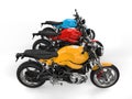 Modern red, blue and yellow chopper motorcycles - top down side view Royalty Free Stock Photo