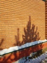 Modern red brick fence with turrets, winter, outdoor, spruce shadow on the wall, Christmas background Royalty Free Stock Photo