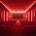 Modern red cinema hall with empty seats. futuristic theater interior design. atmospheric lighting in entertainment venue Royalty Free Stock Photo