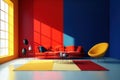 Modern red couch, white lamps, red door in a colorful apartment with cobalt, yellow, red walls. Bright sunlight, large windows. Royalty Free Stock Photo