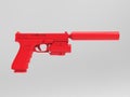Modern red handgun with silencer and laser sight attachments