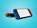 Modern red joystick gamepad connected to the phone with connection to the device 3d render on blue background with shadow Royalty Free Stock Photo
