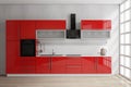 Modern Red Kitchen Furniture with Kitchenware Near Window. 3d Re Royalty Free Stock Photo