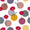 Modern Red meadow flower with colorful circle geometric and stripe seamless pattern ,Design for fashion , fabric, textile,