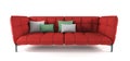 Modern red quilted fabric sofa on metal legs with pillows on isolated white background. Furniture, interior object. Bright scarlet