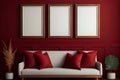 Modern red room in apartment with three empty poster in frame. Contemporary maroon frontal interior with furniture. Generative AI Royalty Free Stock Photo