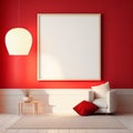 Modern red room with empty clean big square poster in wood frame. Minimalist frontal 3d interior with furniture. Generative AI Royalty Free Stock Photo