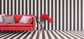 Modern red sofa and red bonsai plant in black and white wooden room. Minimal interior design 3d render