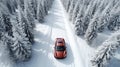 Modern red sports car driving on the snowy road through the spruce forest on a cold winter day. Winter holidays. Generative AI