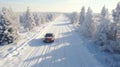Modern red sports car driving on the snowy road through the spruce forest on a cold winter day. Rural landscape. Generative AI