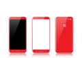 Modern red touchscreen cellphone tablet smartphone isolated on light background. Phone front and back side isolated. Vector