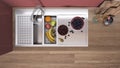 Modern red and wooden kitchen, sink with running tap and healthy fruit. Vase with spikes, wooden cutting boards. Top view, plan,