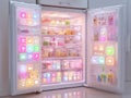 Modern refrigerator filled with digital subscription icons, glowing interface, ultra-clean render symbolizing tech-consumerism - Royalty Free Stock Photo