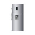 Modern refrigerator with panel on chrome silver door. Realistic fridge isolated