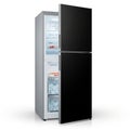 Open Refrigerator with Black Doors and Ice Compartment on a White Background fridge appliance Royalty Free Stock Photo