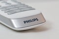 Modern remote control of smart TV Philips closeup.