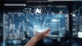 Abstract representation of artificial intelligence concept with human hand holding holographic brain gear, digital data Royalty Free Stock Photo