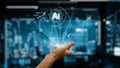 Abstract representation of artificial intelligence concept with human hand holding holographic brain gear, digital data Royalty Free Stock Photo