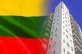 Modern residential building on background of flag Lithuania