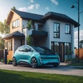 Modern Residential Building House With Technology For Electric Vehicles, Charging Eco Frendly Electric Futuristic Car From