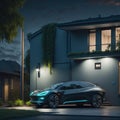 Modern Residential Building House With Technology For Electric Vehicles, Charging Eco Frendly Electric Futuristic Car From